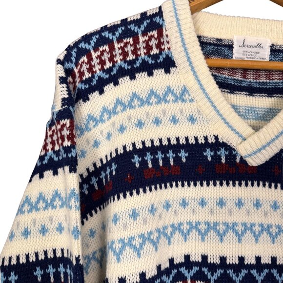 Vintage 80s Fair Isle Knit Sweater Cabincore V Neck Pullover Cozy Retro Knitwear - Picture 5 of 9